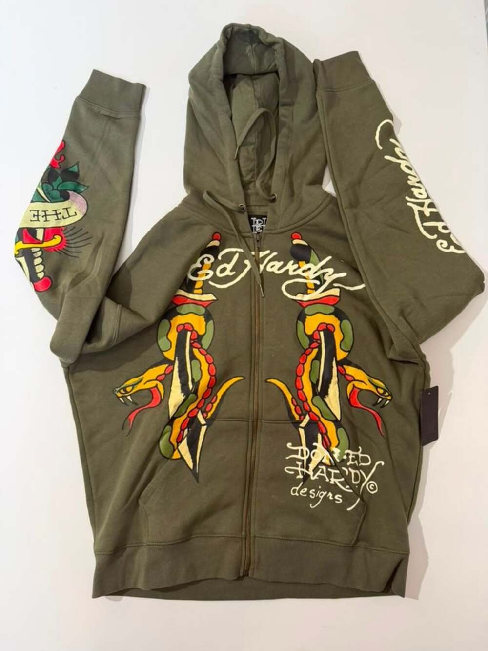 Y2K Ed Hardy Snakes Boxy Zip Hoodie Streetwear Skull in Army Green Large